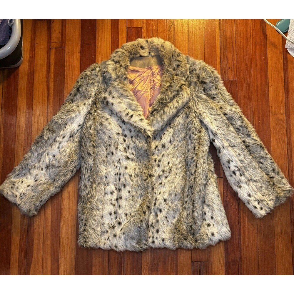 Vintage Style VI Ltd Snow Leopard Faux Fur Coat Jacket Shawl Collar S/M Made USA